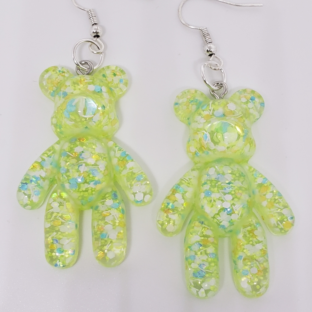 Handmade Large Lime Green Confetti Glitter Gummy Bear Earrings